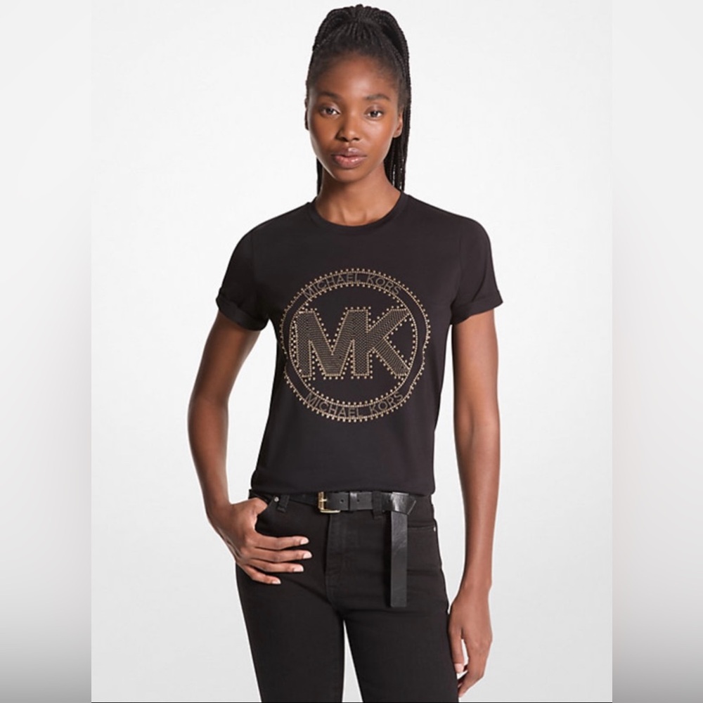 NWT MICHAEL KORS Organic Cotton MK LOGO BLACK T-SHIRT Gold Rhinestones Small